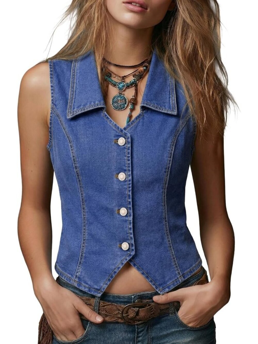 Women's Blue Denim Vest Lapel Sleeveless Button Down Crop Trendy Jean Vest